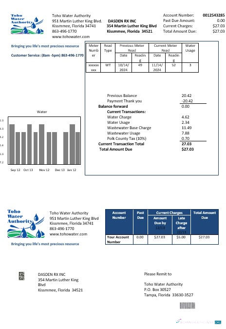 USA Florida Toho Water Authority business utility bill template in Word and PDF formats